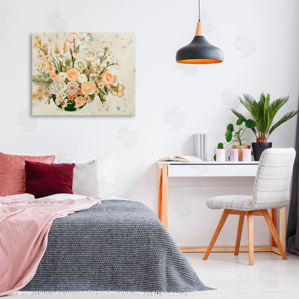 Liz Jardine Beige Shabby Chic Flowers Canvas Wall Art Print in Room