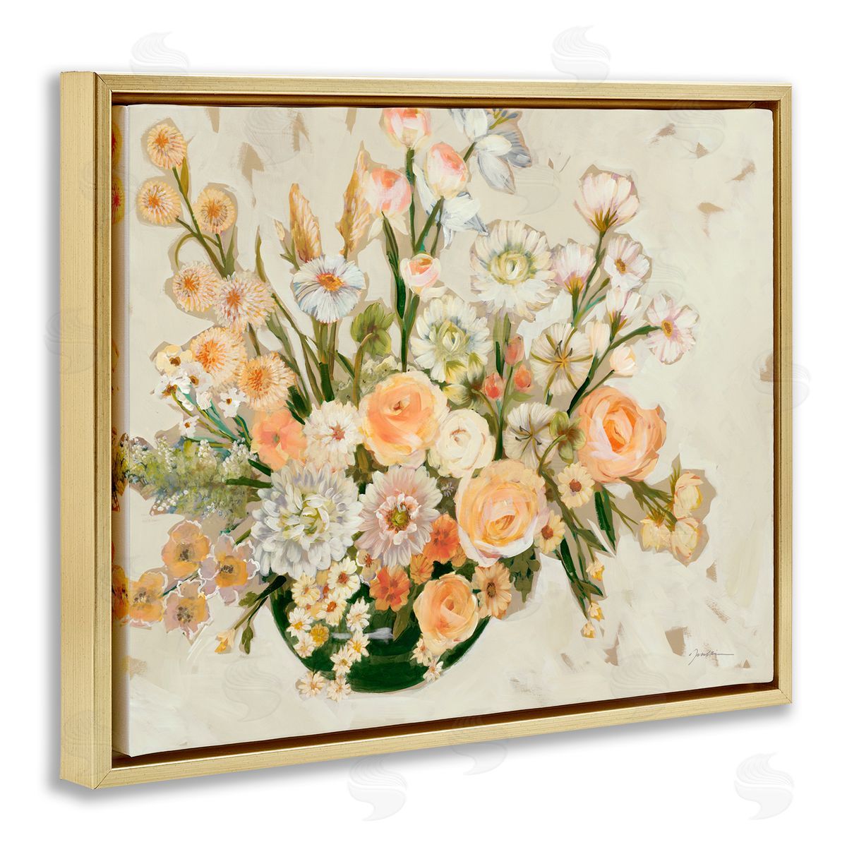 Liz Jardine Beige Shabby Chic Flowers Gold Floating Frame Canvas Wall Art Print
