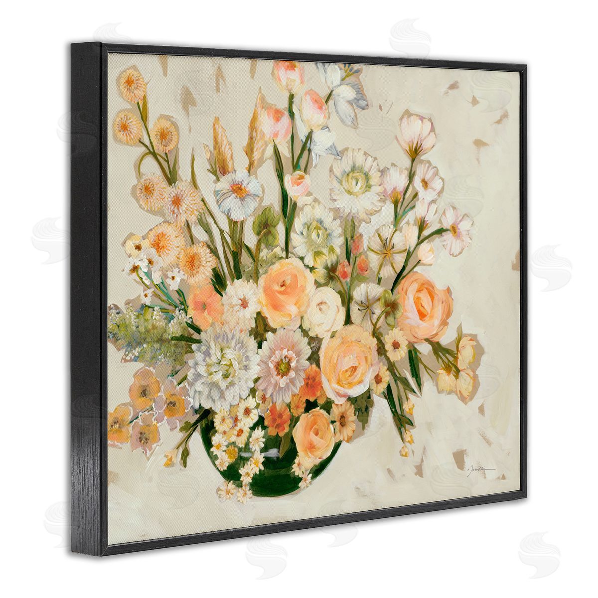 Liz Jardine Beige Shabby Chic Flowers Black Framed Giclee Wall Art Print
