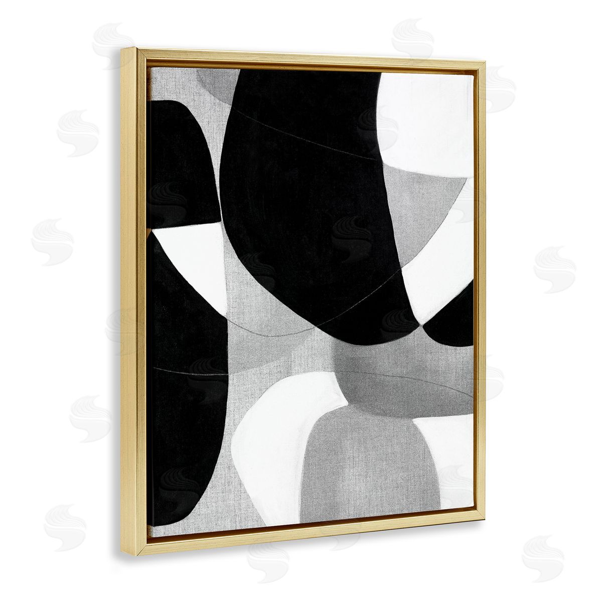 Kippi Leonard Monochrome Oblong Shapes Gold Floating Frame Canvas Wall Art Print