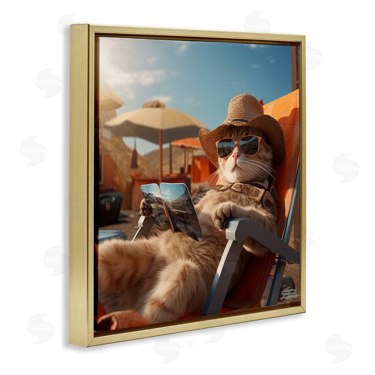RB Relaxing Cat Lounge Chair Gold Floating Frame Canvas Wall Art Print