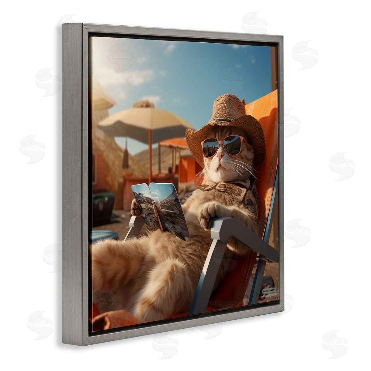 RB Relaxing Cat Lounge Chair Gray Floating Frame Canvas Wall Art Print