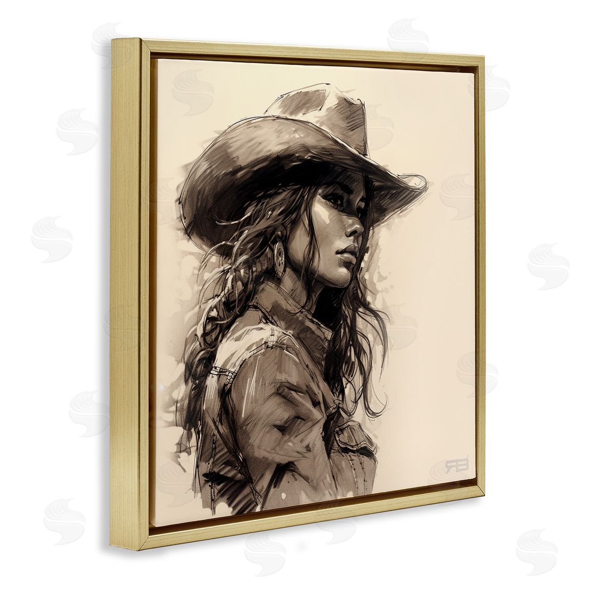 RB Stoic Cowgirl Looking Away Gold Floating Frame Canvas Wall Art Print