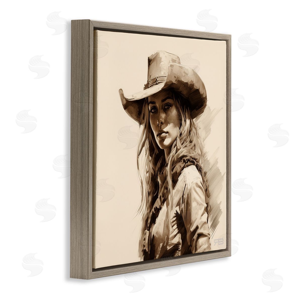 RB Western Cowgirl Gaze Brown Floating Frame Canvas Wall Art Print