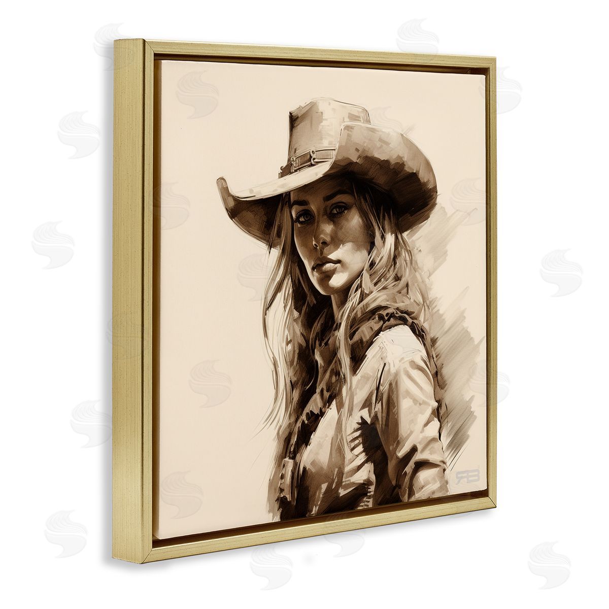 RB Western Cowgirl Gaze Gold Floating Frame Canvas Wall Art Print