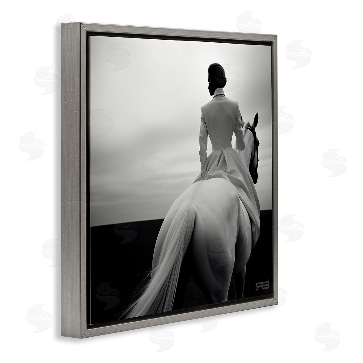 RB Riding Horse into Horizon Gray Floating Frame Canvas Wall Art Print