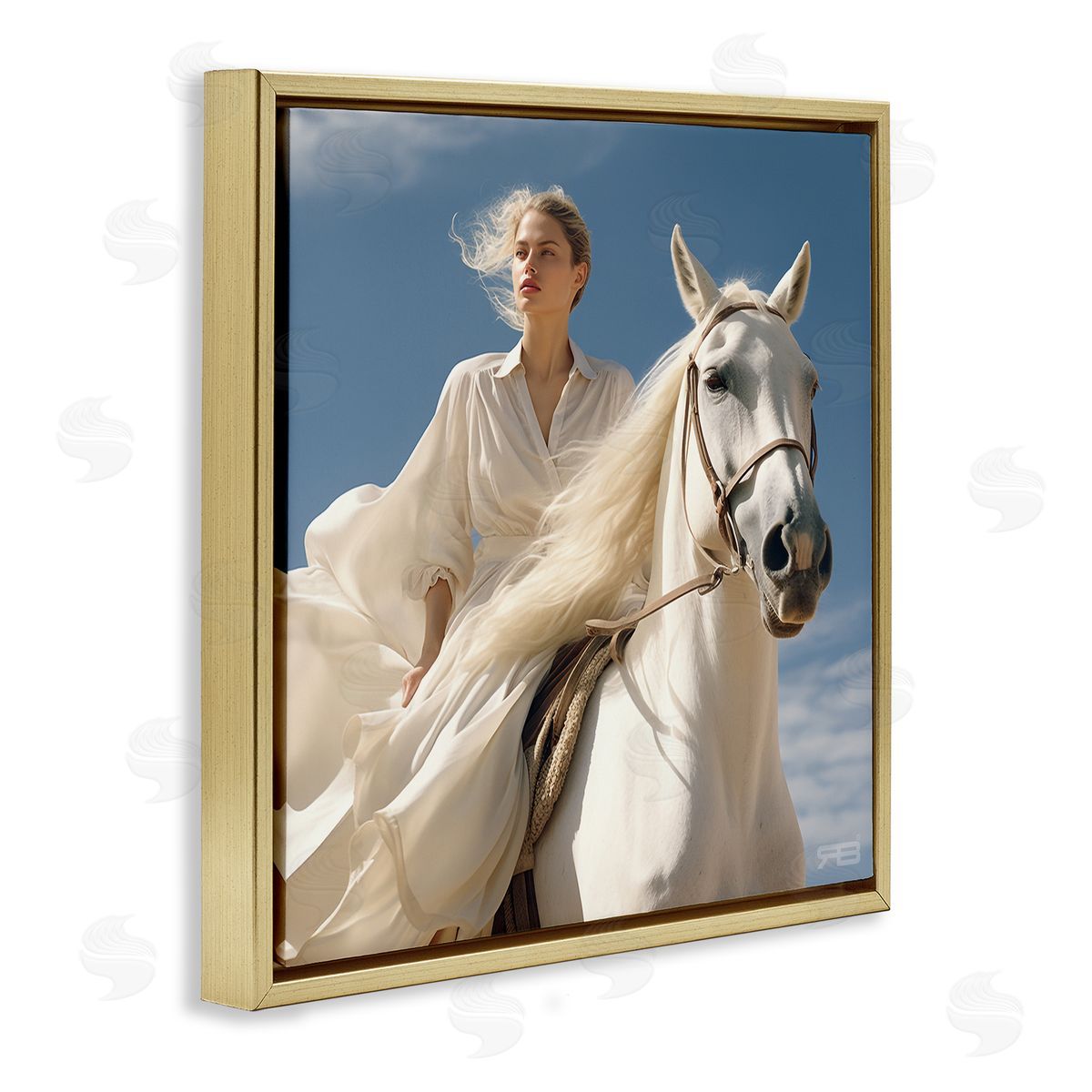 RB Windswept Equestrian Girl Gold Floating Frame Canvas Wall Art Print
