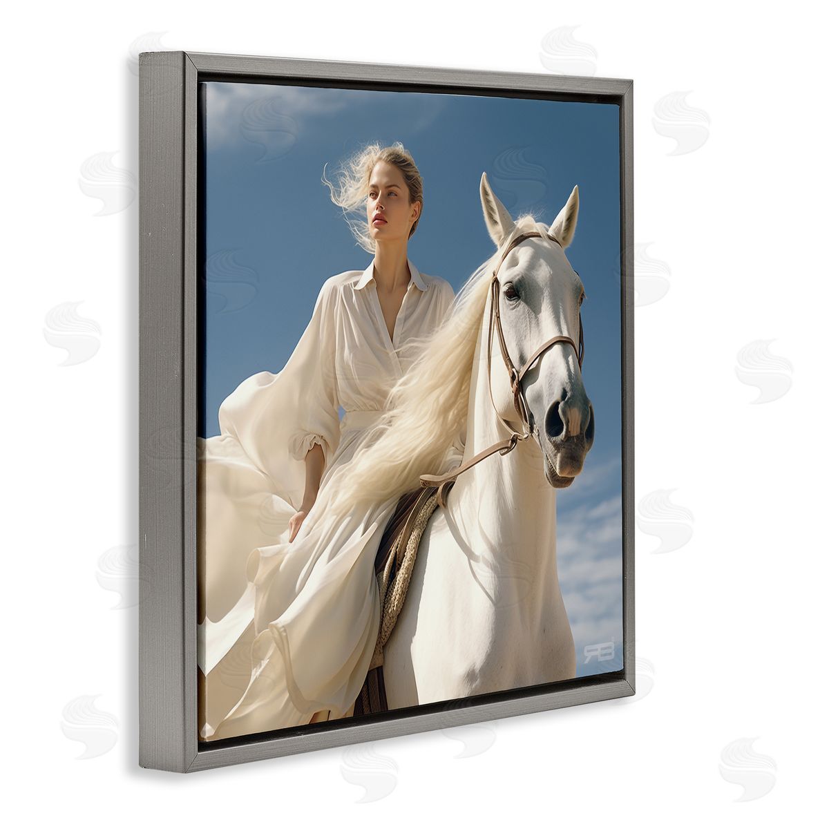 RB Windswept Equestrian Girl Gray Floating Frame Canvas Wall Art Print