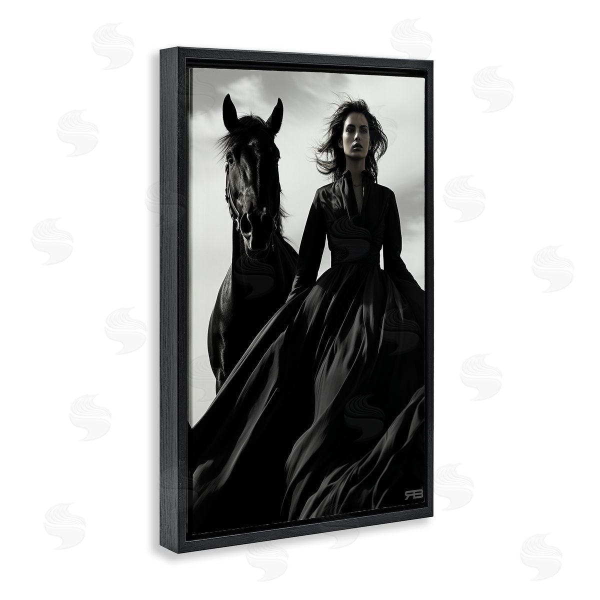 RB Trendy Woman with Horse Black Floating Frame Canvas Wall Art Print