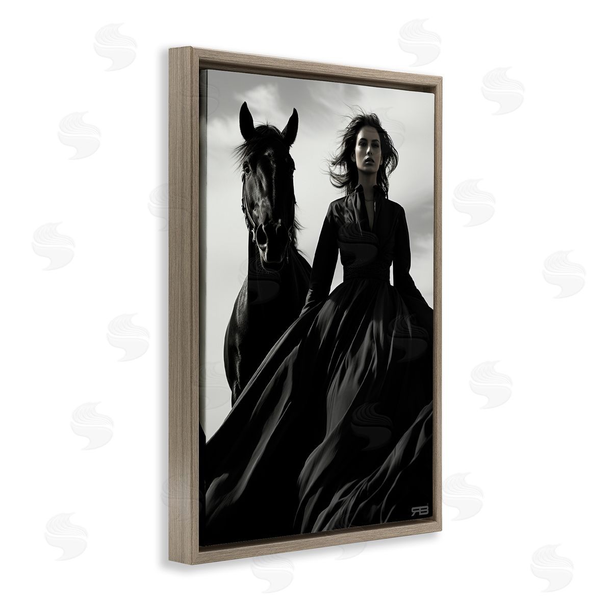 RB Trendy Woman with Horse Brown Floating Frame Canvas Wall Art Print