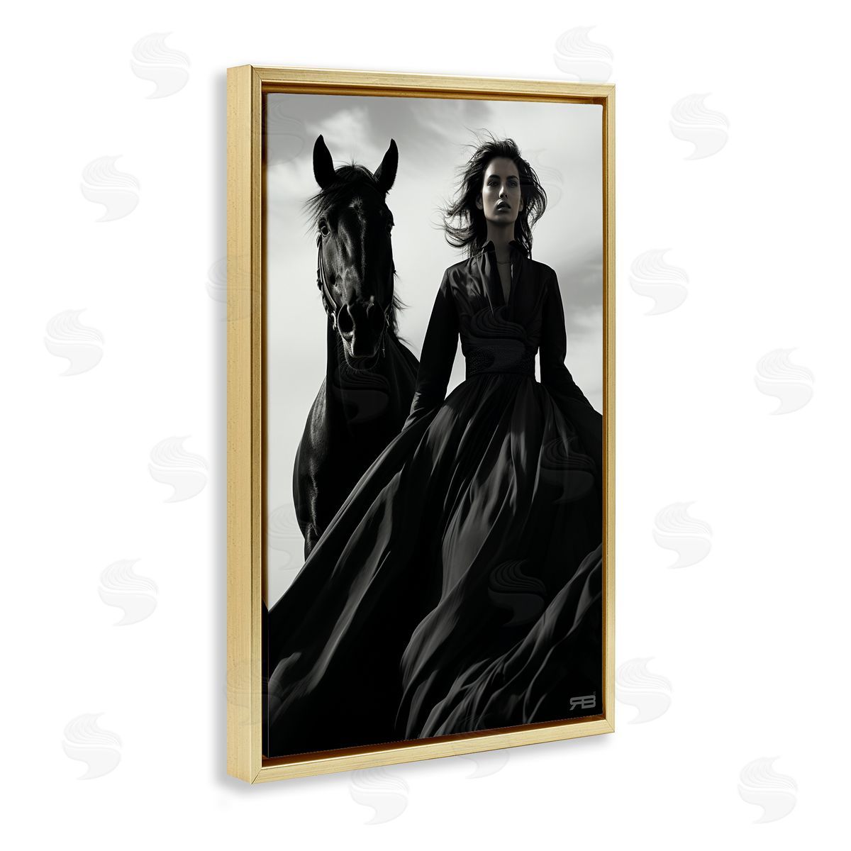 RB Trendy Woman with Horse Gold Floating Frame Canvas Wall Art Print