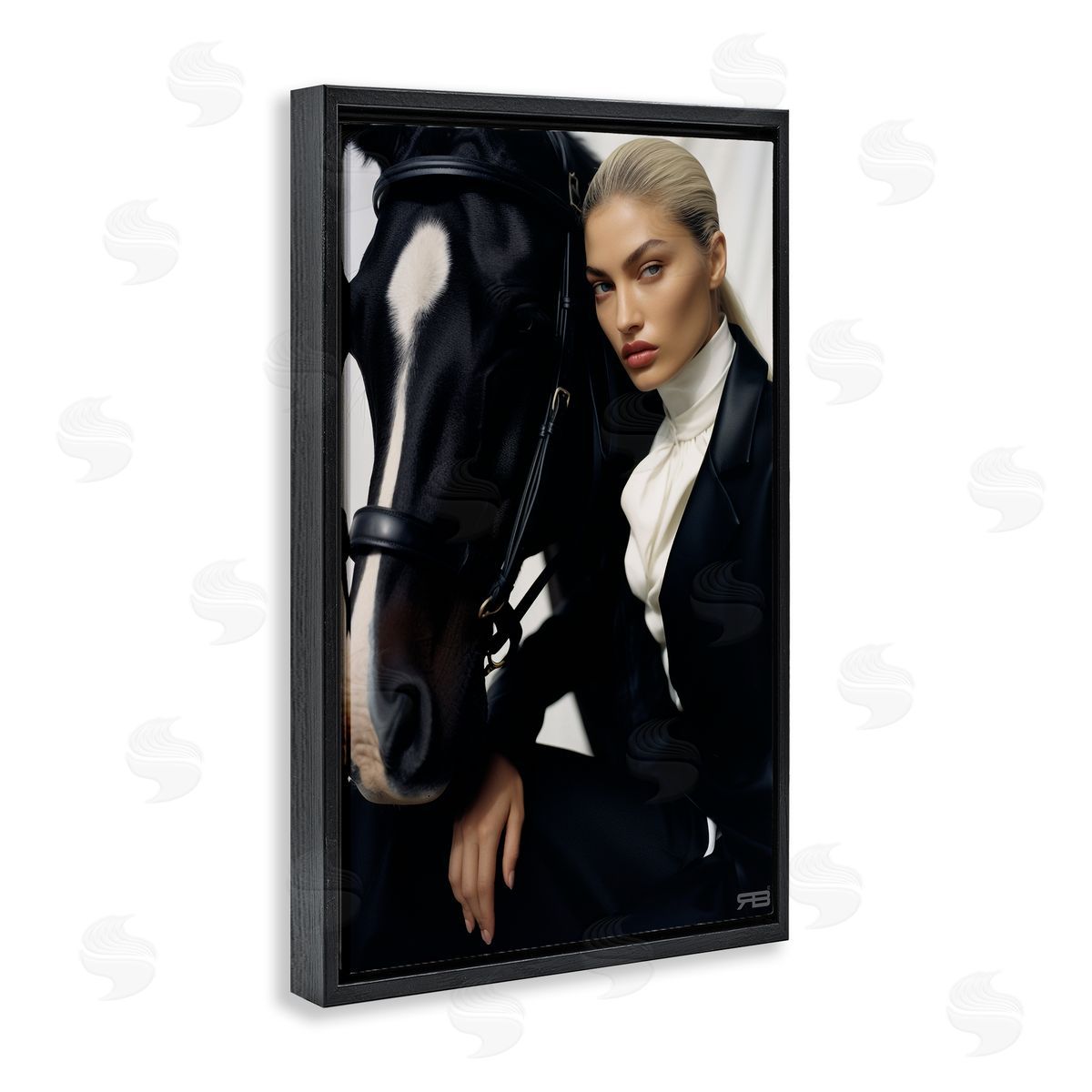 RB Fashionable Equestrian Girl Black Floating Frame Canvas Wall Art Print