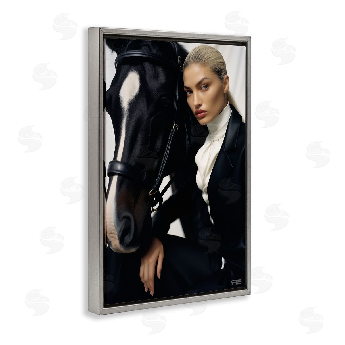 RB Fashionable Equestrian Girl Gray Floating Frame Canvas Wall Art Print