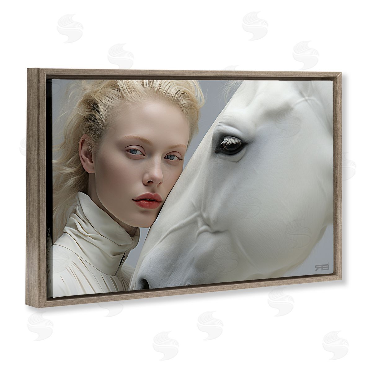 RB White Horse & Woman Brown Floating Frame Canvas Wall Art Print