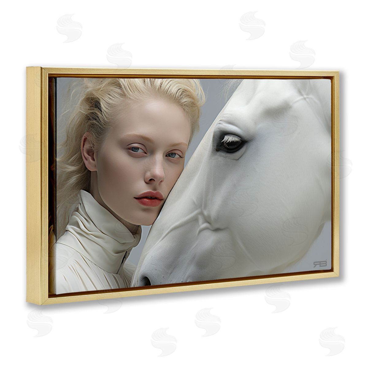 RB White Horse & Woman Gold Floating Frame Canvas Wall Art Print