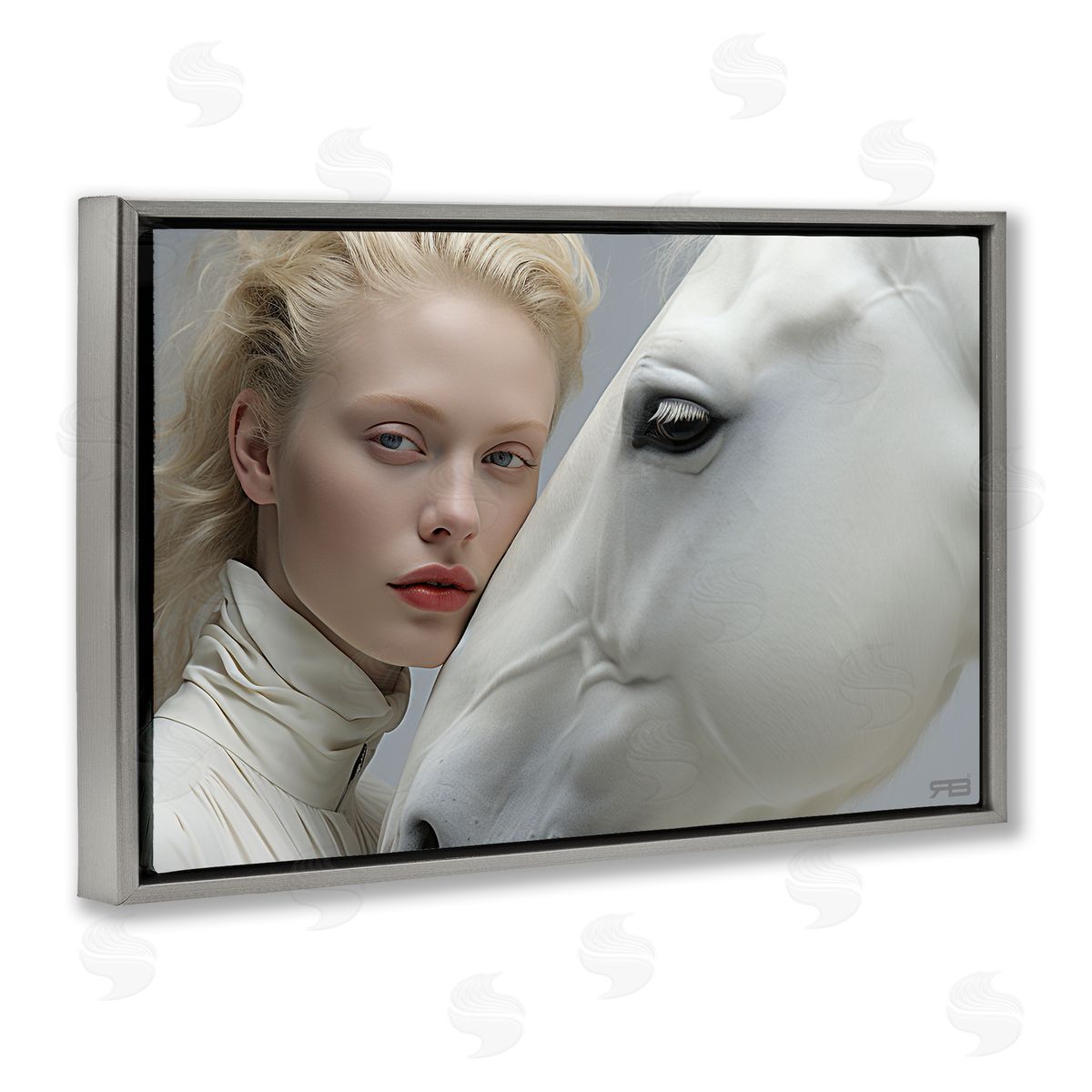 RB White Horse & Woman Gray Floating Frame Canvas Wall Art Print