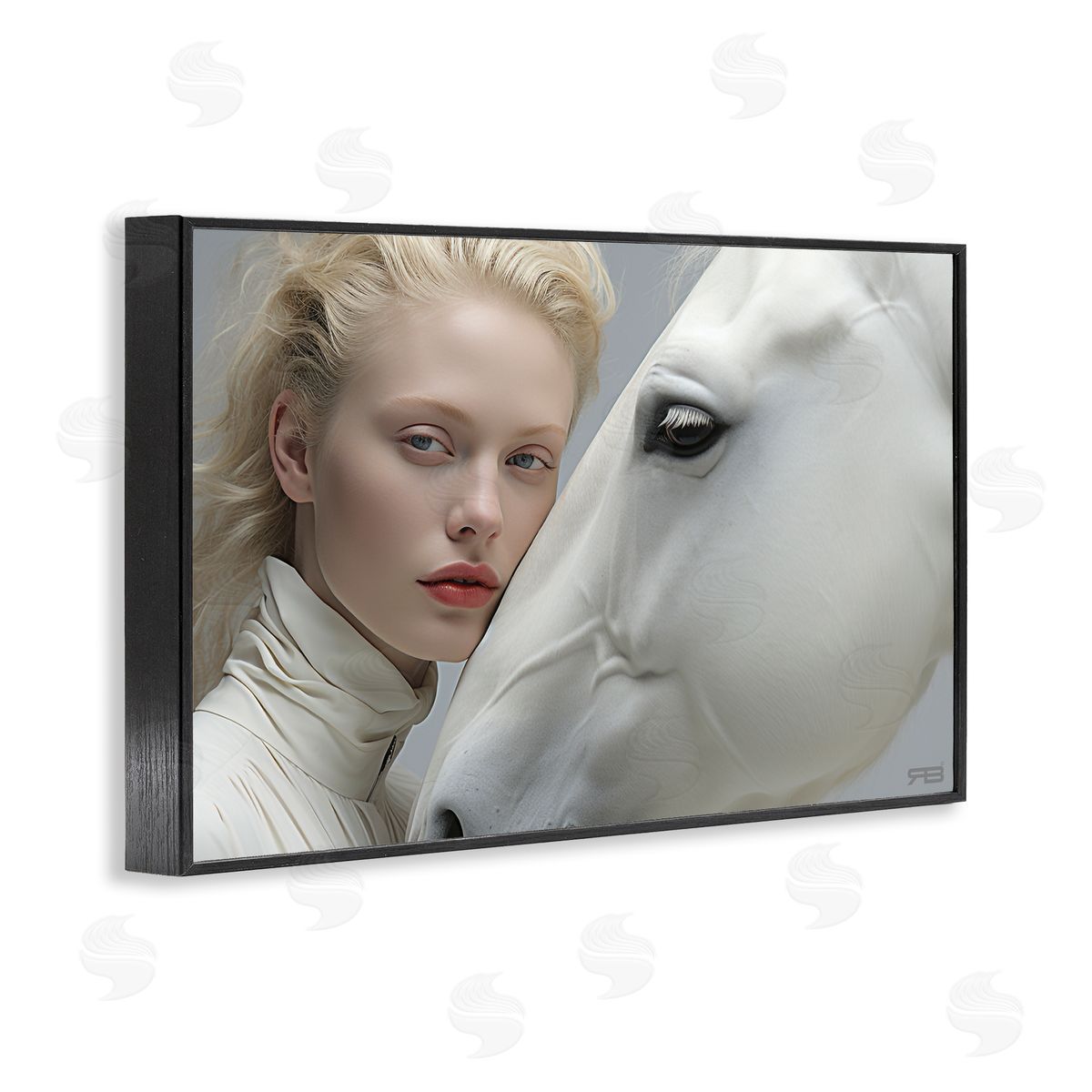 RB White Horse & Woman Black Framed Giclee Wall Art Print