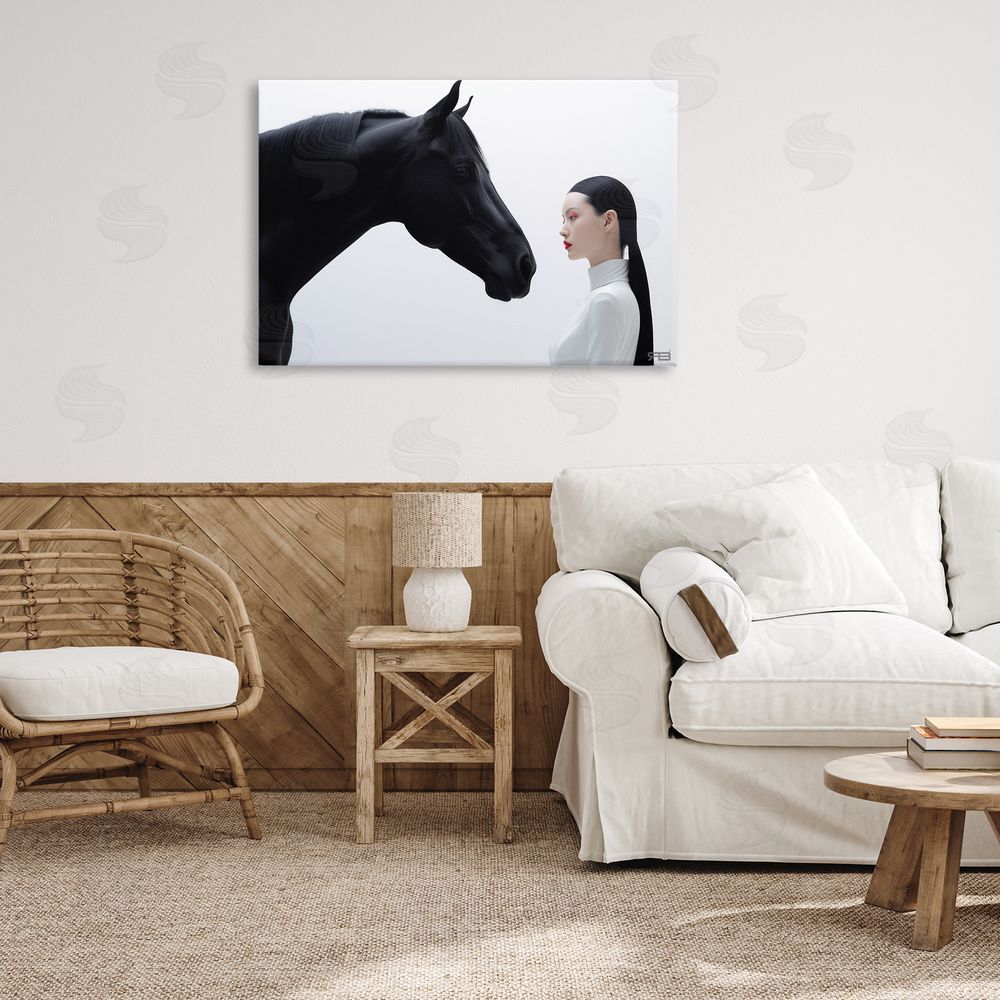 RB Sleek Black Horse & Girl Canvas Wall Art Print in Room