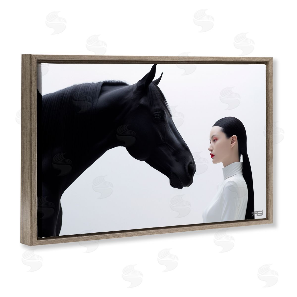 RB Sleek Black Horse & Girl Brown Floating Frame Canvas Wall Art Print