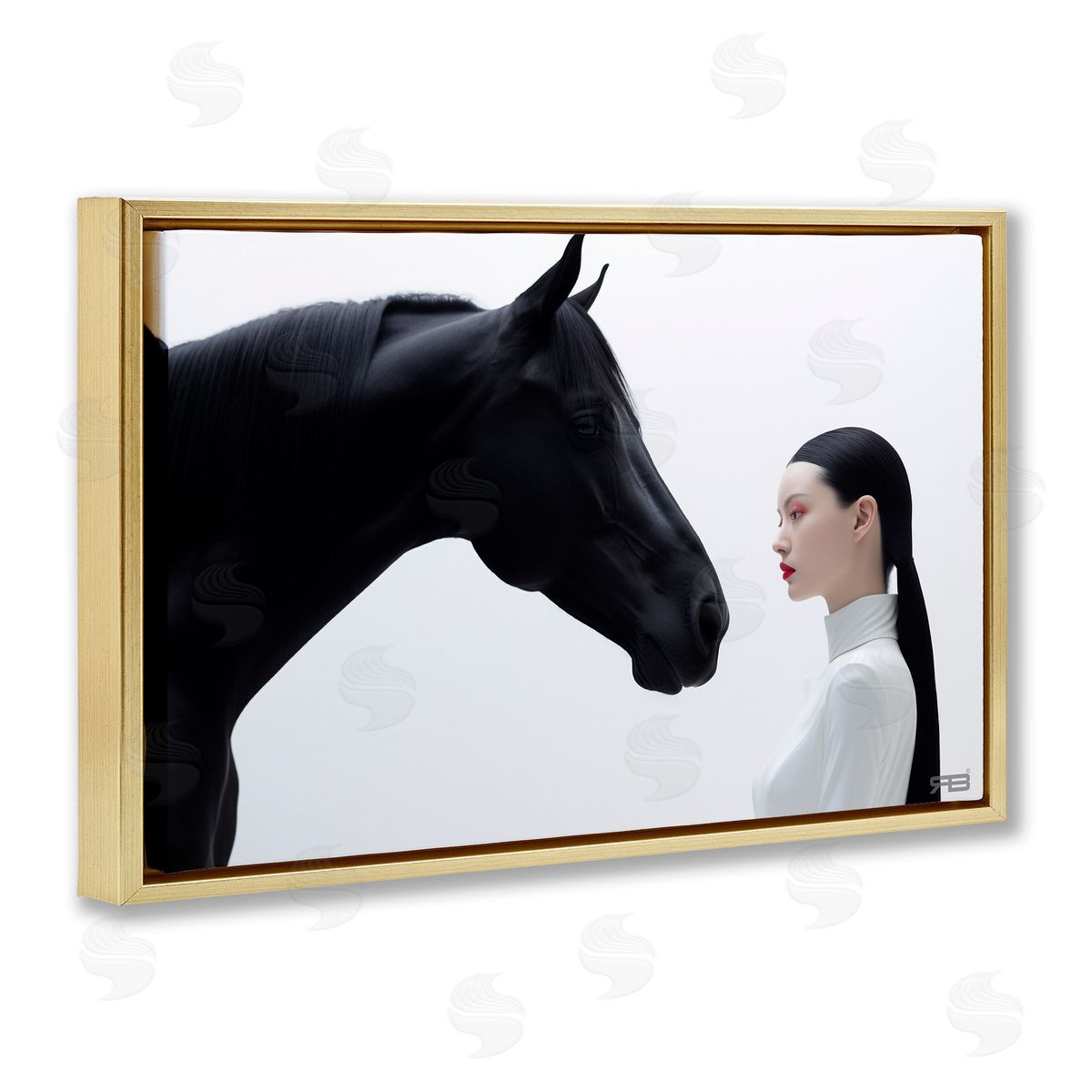 RB Sleek Black Horse & Girl Gold Floating Frame Canvas Wall Art Print