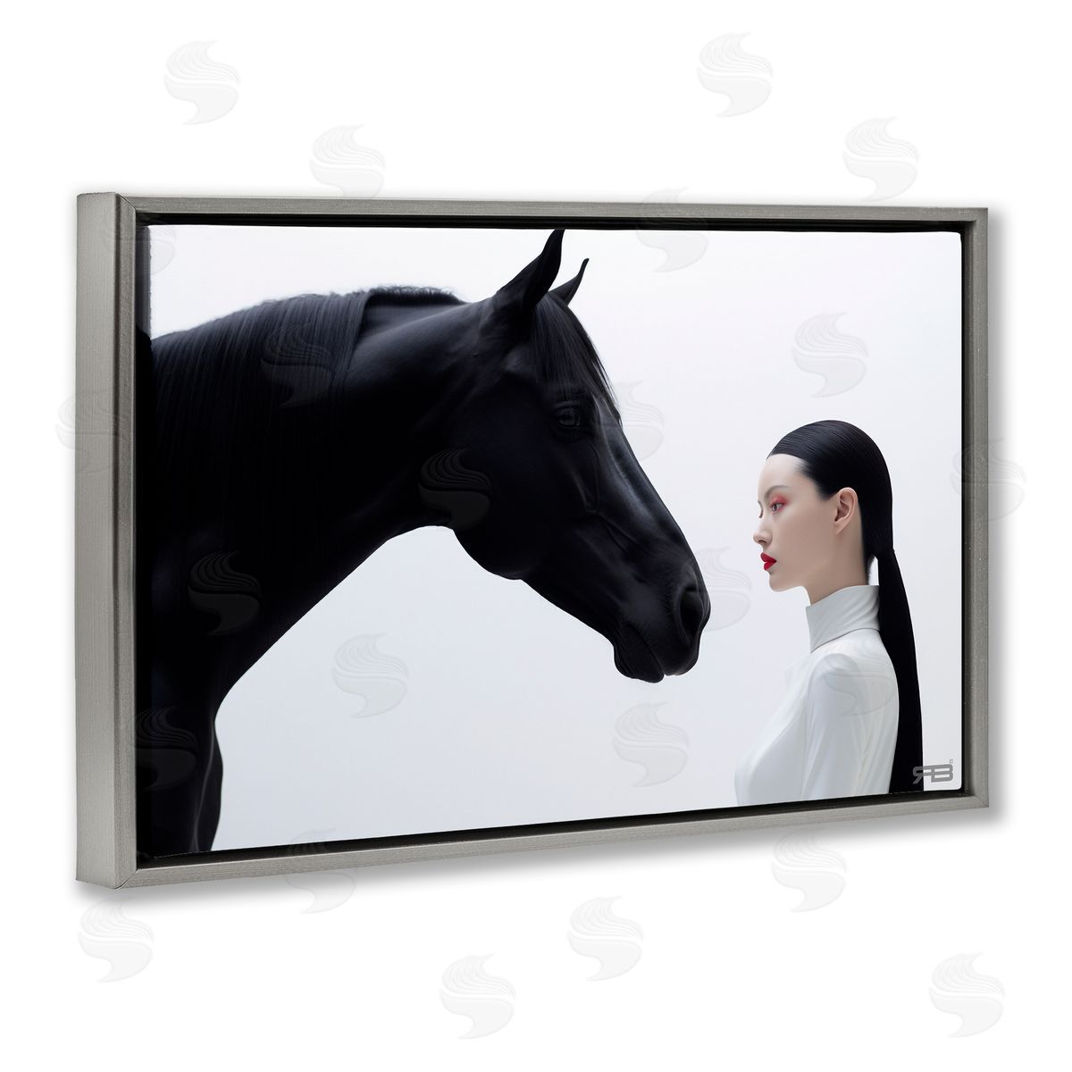 RB Sleek Black Horse & Girl Gray Floating Frame Canvas Wall Art Print