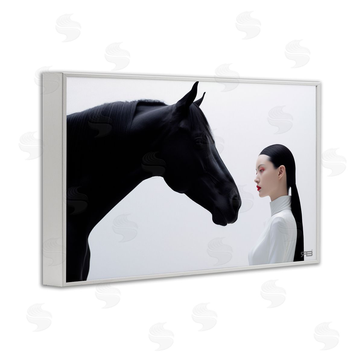 RB Sleek Black Horse & Girl White Framed Giclee Wall Art Print