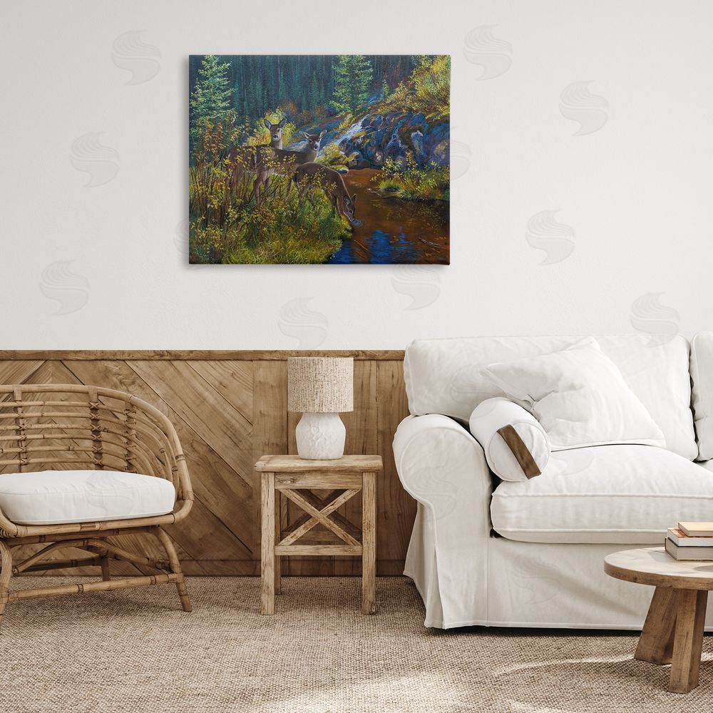 Andrew Kiss Deer Drinking from River Canvas Wall Art Print in Room