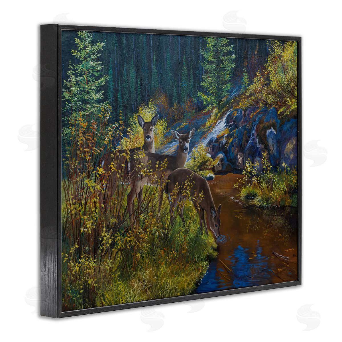 Andrew Kiss Deer Drinking from River Black Framed Giclee Wall Art Print