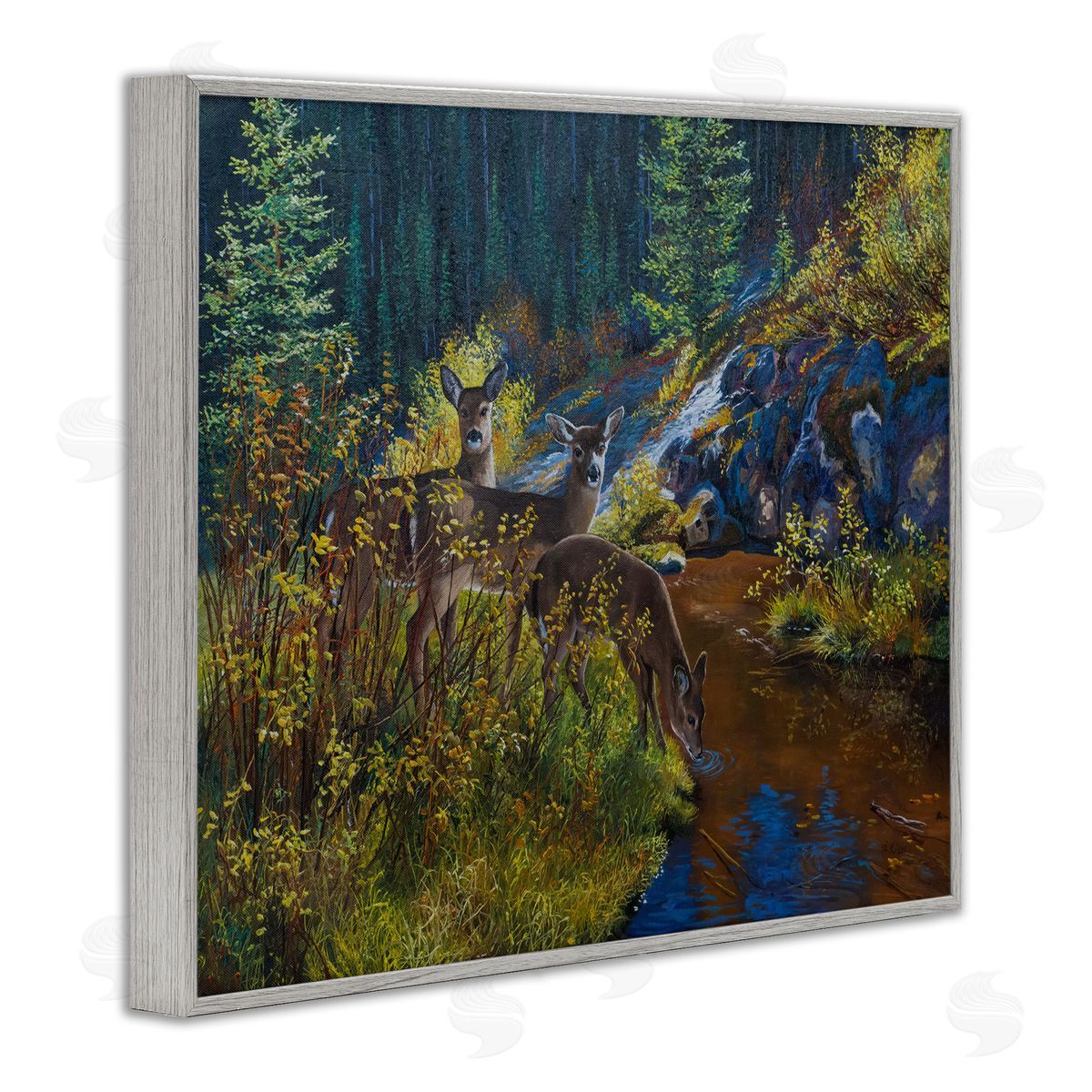 Andrew Kiss Deer Drinking from River Gray Framed Giclee Wall Art Print