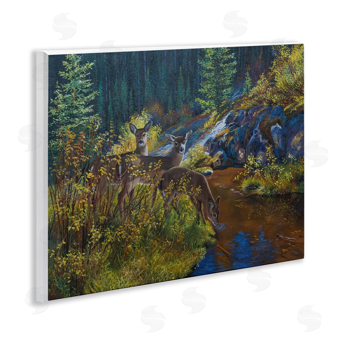Andrew Kiss Deer Drinking from River Wooden Wall Plaque Art Print