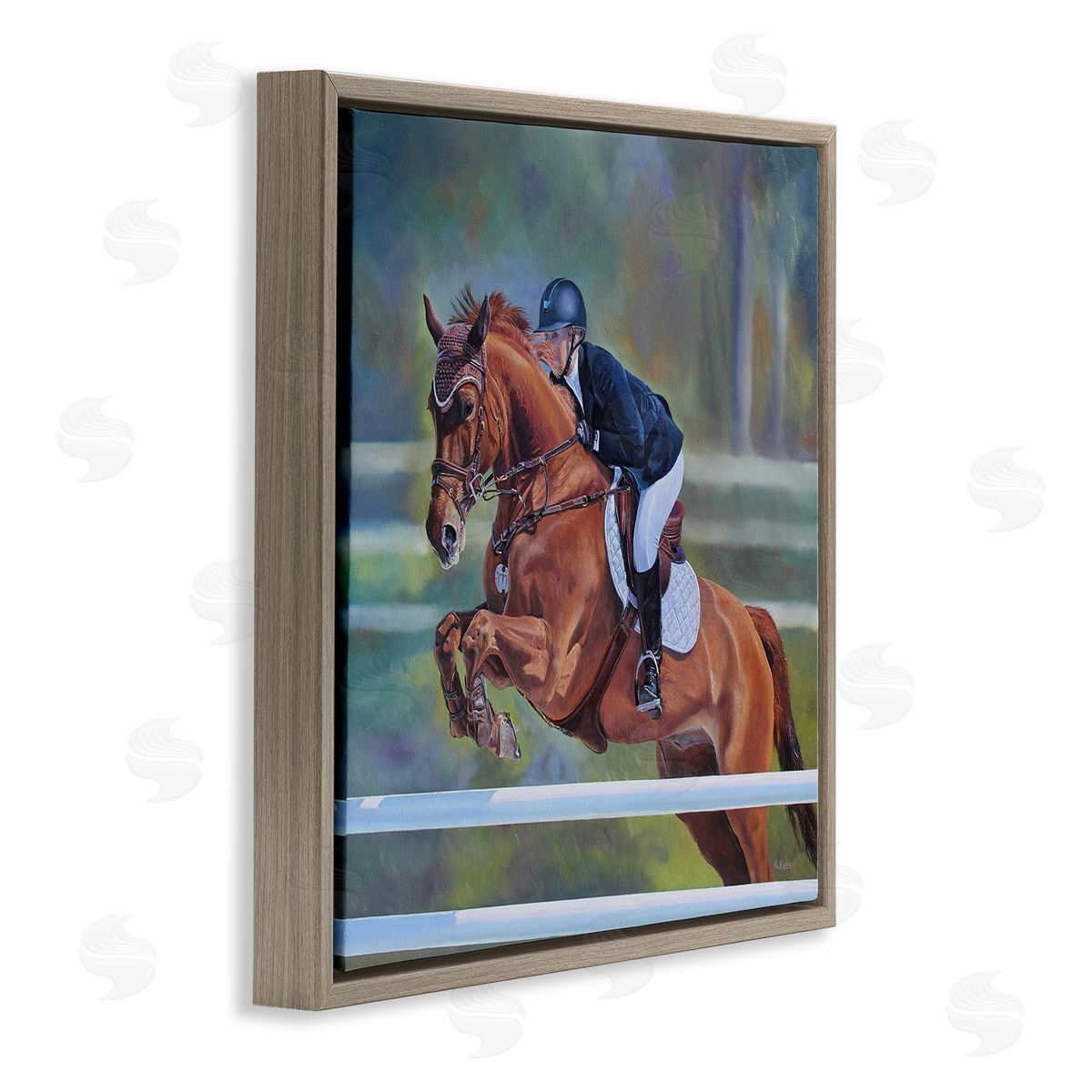 Andrew Kiss Jockey Jumping Hurdles Brown Floating Frame Canvas Wall Art Print