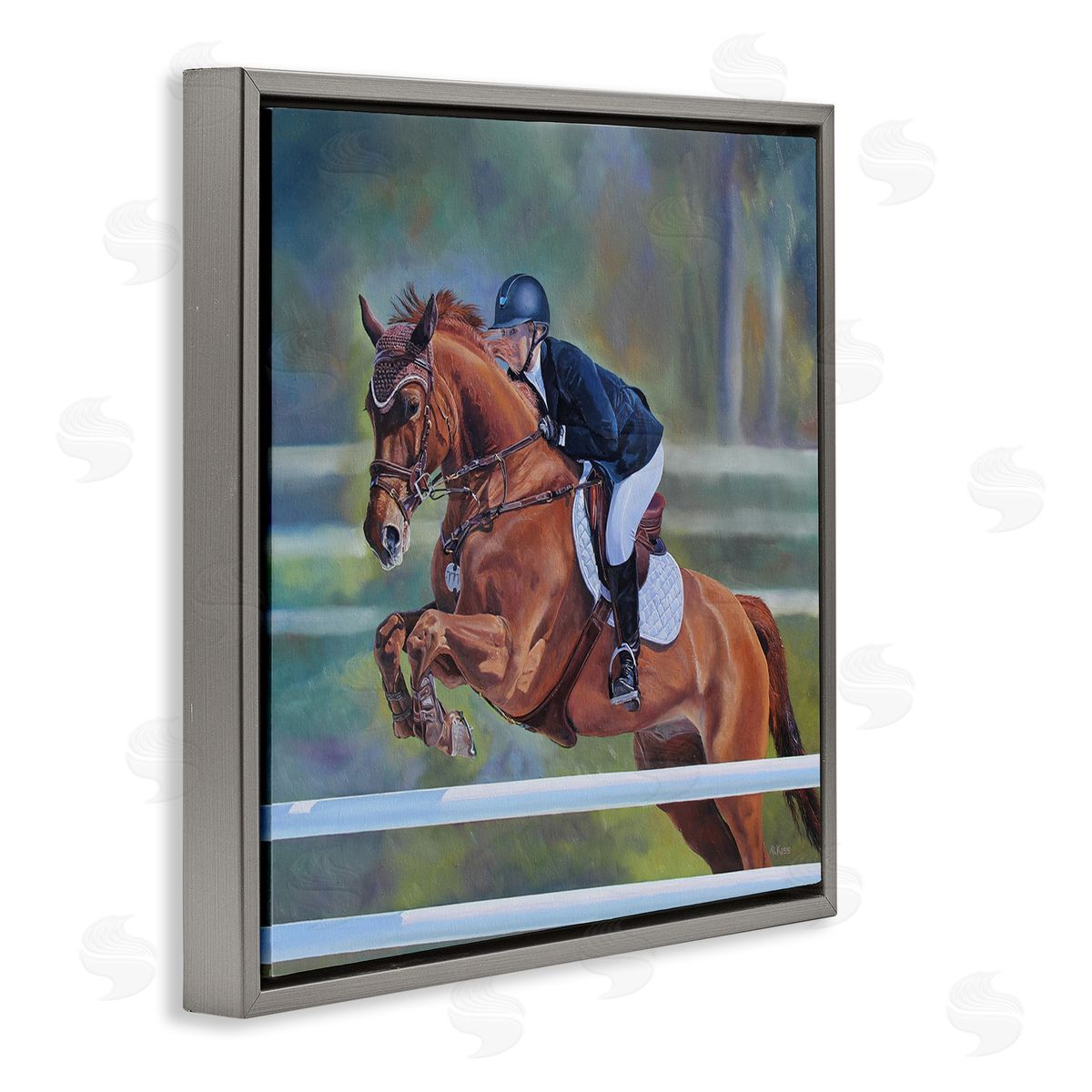 Andrew Kiss Jockey Jumping Hurdles Gray Floating Frame Canvas Wall Art Print