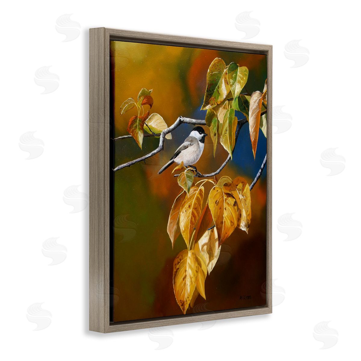 Andrew Kiss Chickadee on Branch Brown Floating Frame Canvas Wall Art Print