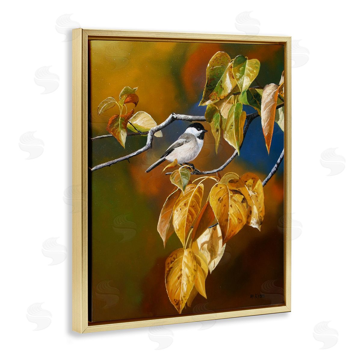 Andrew Kiss Chickadee on Branch Gold Floating Frame Canvas Wall Art Print