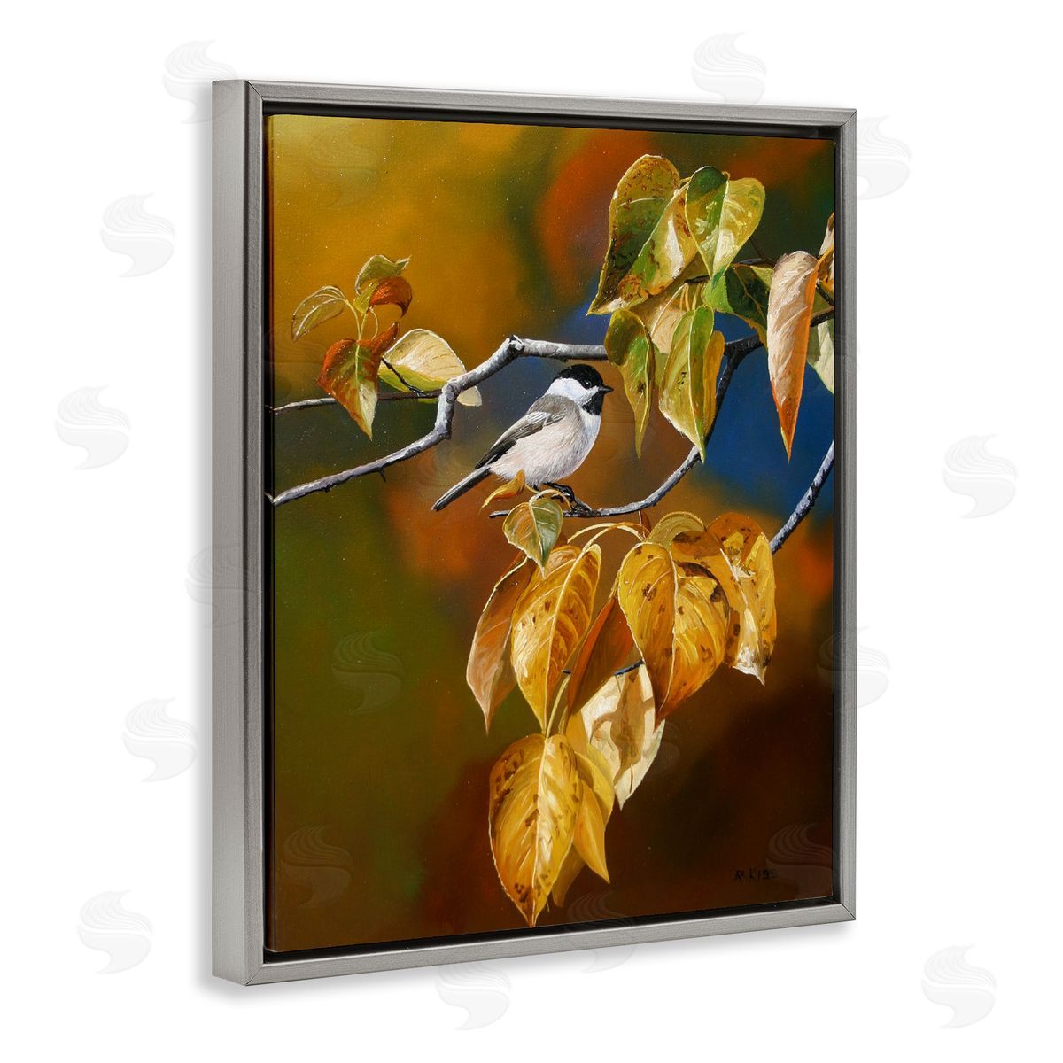Andrew Kiss Chickadee on Branch Gray Floating Frame Canvas Wall Art Print