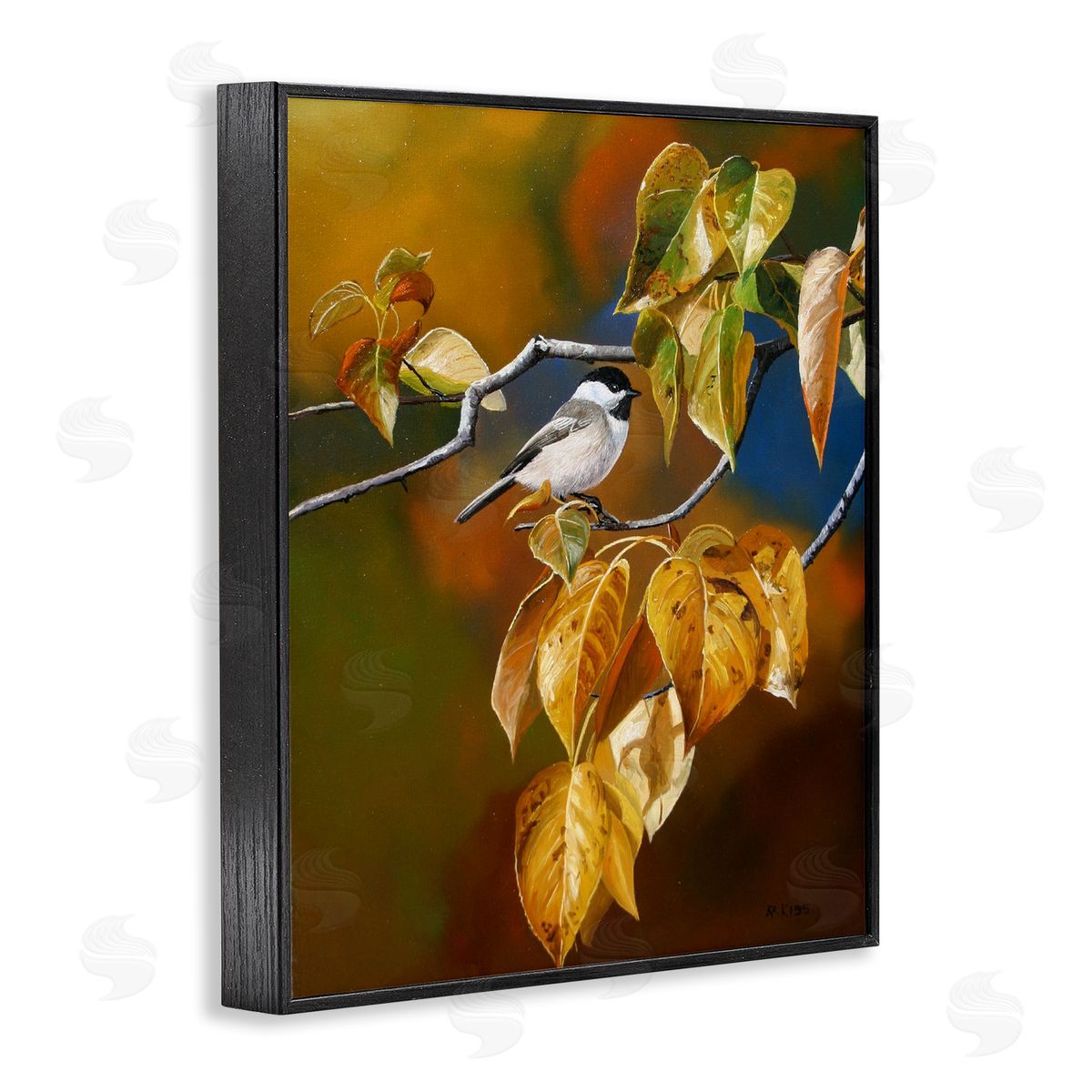Andrew Kiss Chickadee on Branch Black Framed Giclee Wall Art Print