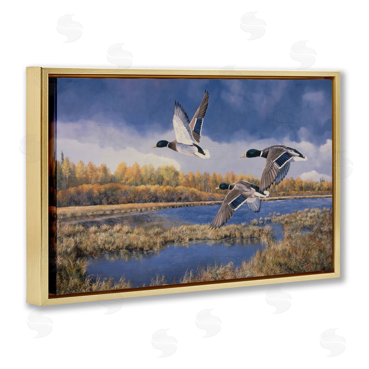 Andrew Kiss Ducks Heading South Gold Floating Frame Canvas Wall Art Print