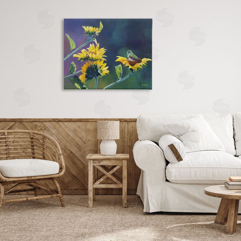 Andrew Kiss Resting Birds on Sunflowers Canvas Wall Art Print in Room