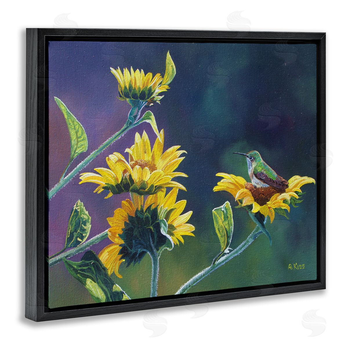 Andrew Kiss Resting Birds on Sunflowers Black Floating Frame Canvas Wall Art Print