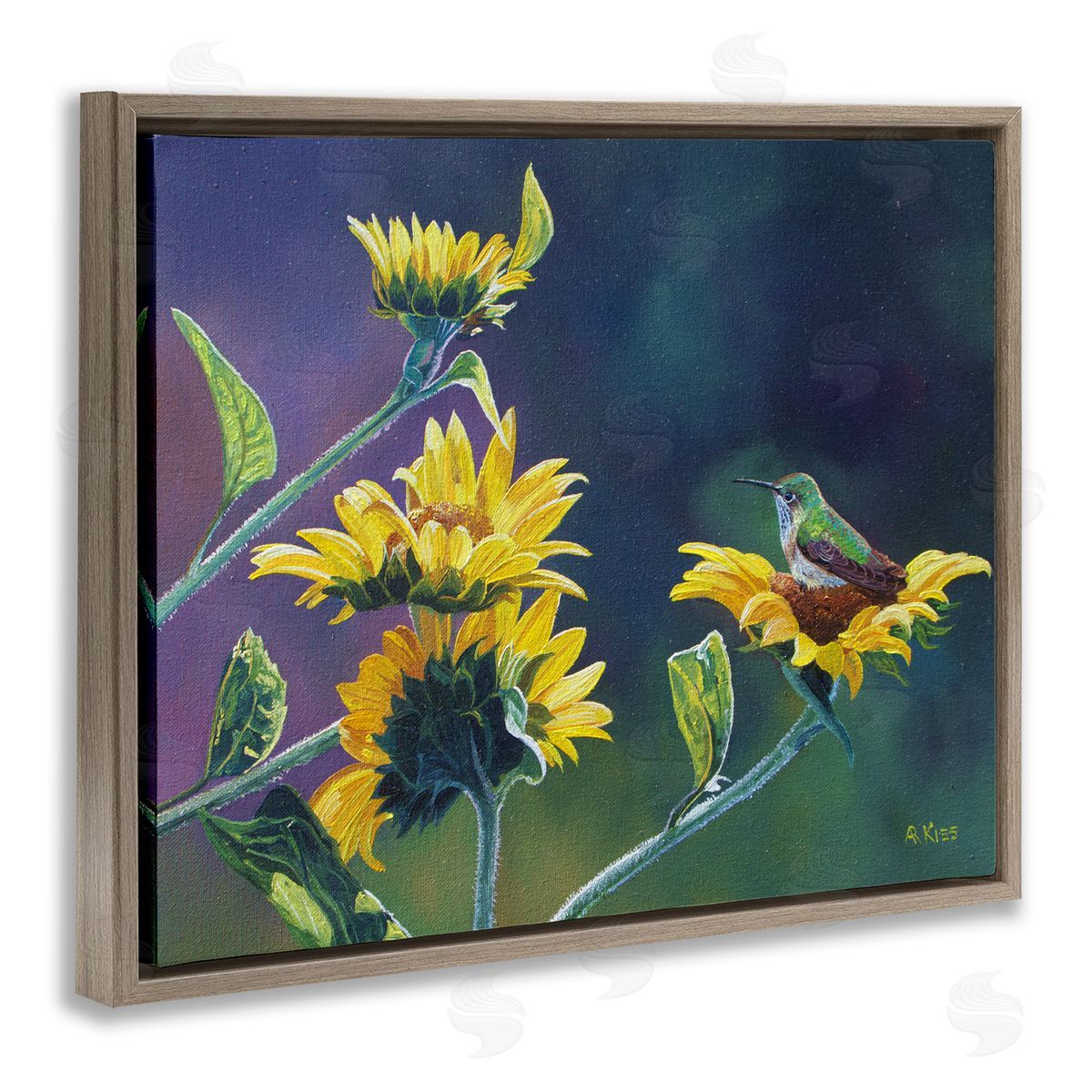 Andrew Kiss Resting Birds on Sunflowers Brown Floating Frame Canvas Wall Art Print
