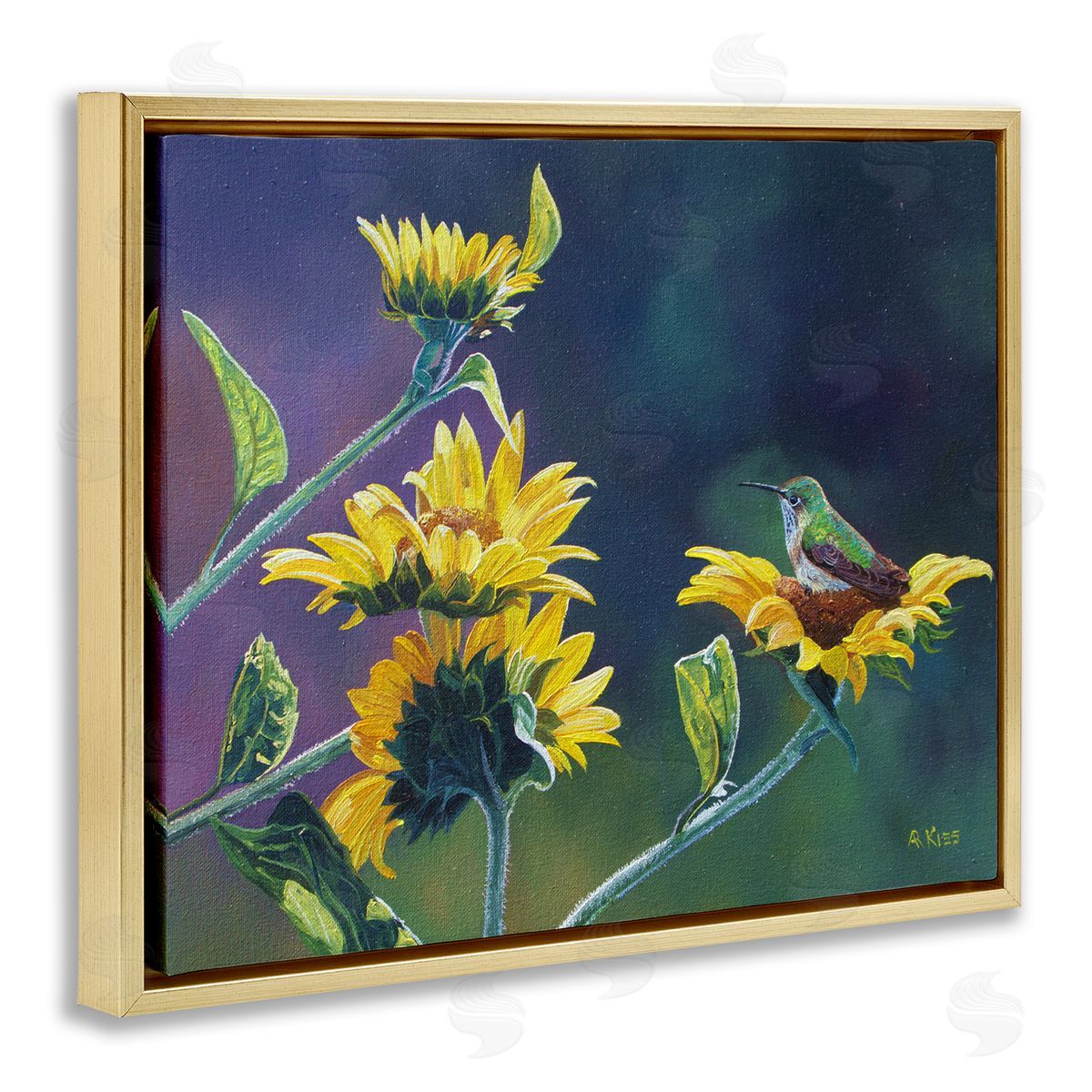 Andrew Kiss Resting Birds on Sunflowers Gold Floating Frame Canvas Wall Art Print