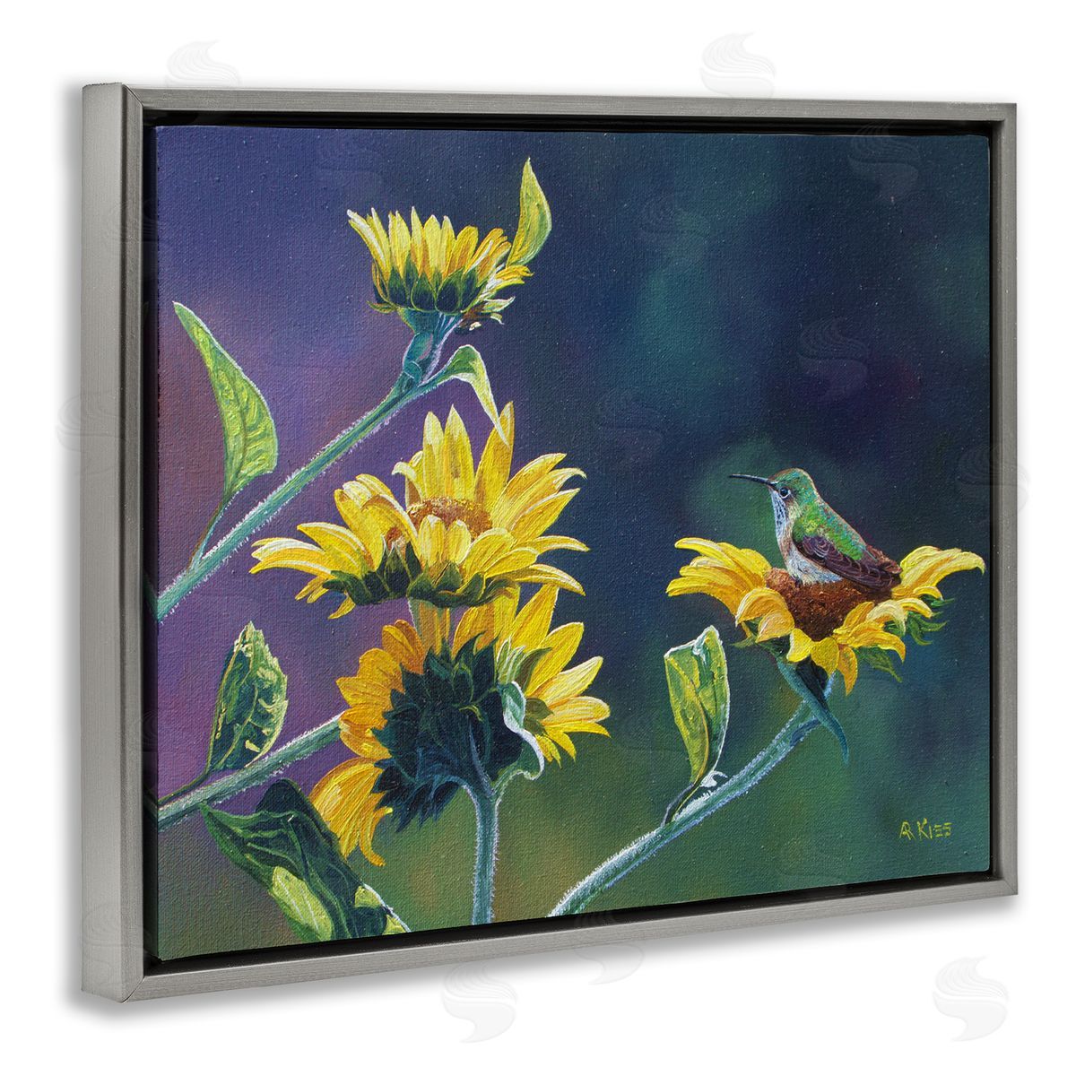 Andrew Kiss Resting Birds on Sunflowers Gray Floating Frame Canvas Wall Art Print