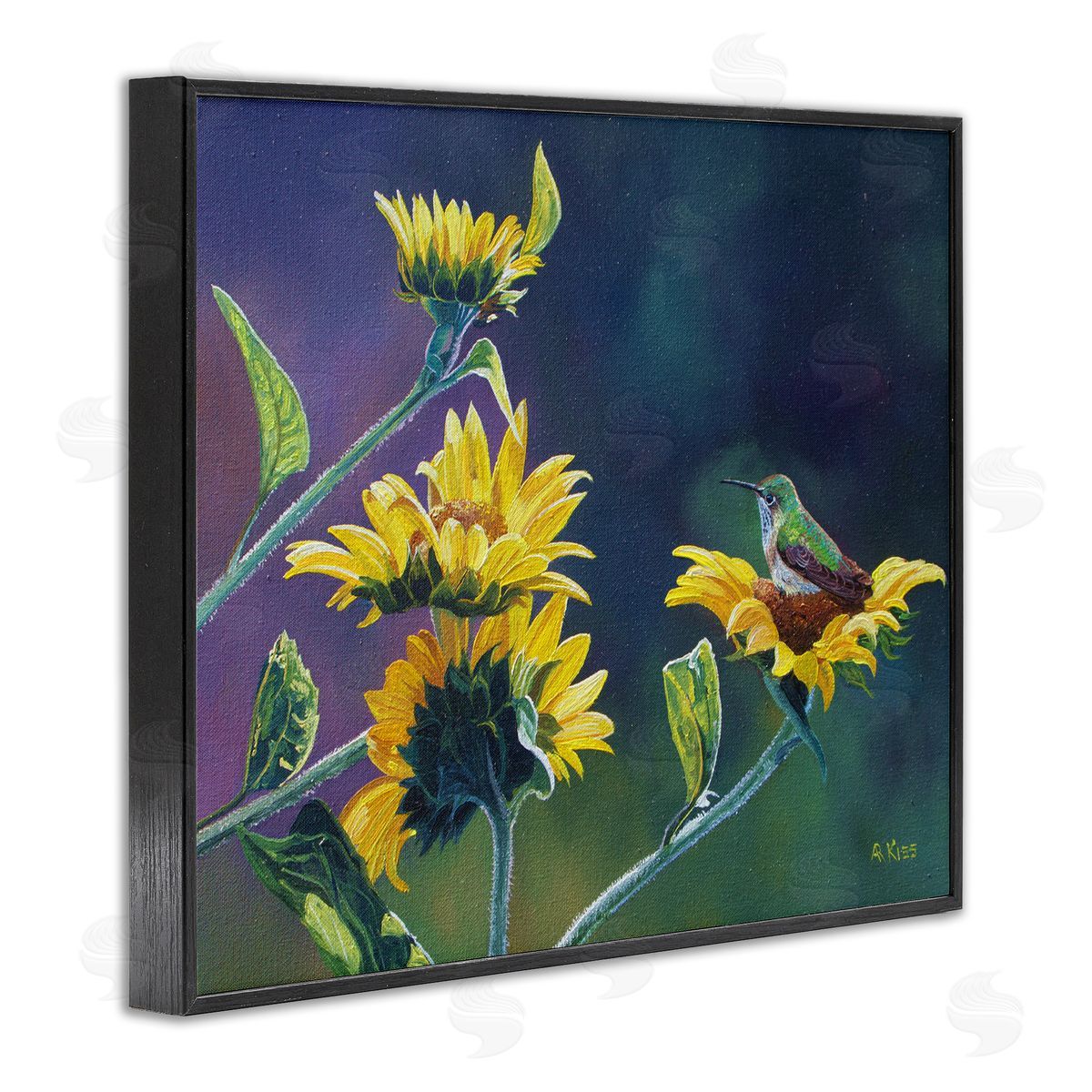 Andrew Kiss Resting Birds on Sunflowers Black Framed Giclee Wall Art Print