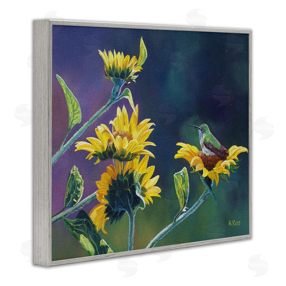 Andrew Kiss Resting Birds on Sunflowers Gray Framed Giclee Wall Art Print