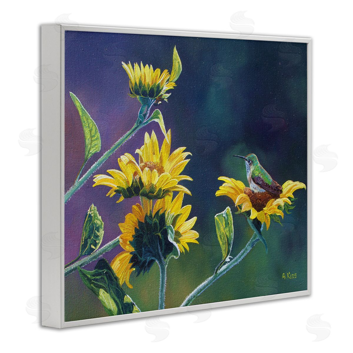 Andrew Kiss Resting Birds on Sunflowers White Framed Giclee Wall Art Print