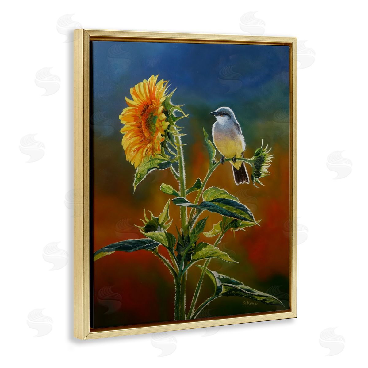 Andrew Kiss Western Kingbird & Flower Gold Floating Frame Canvas Wall Art Print