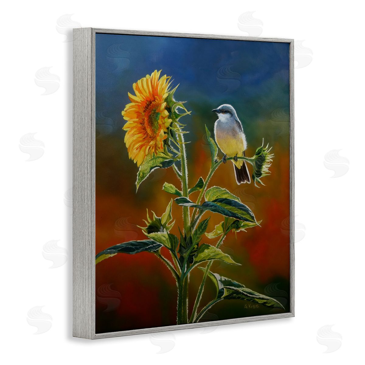 Andrew Kiss Western Kingbird & Flower Gray Framed Giclee Wall Art Print