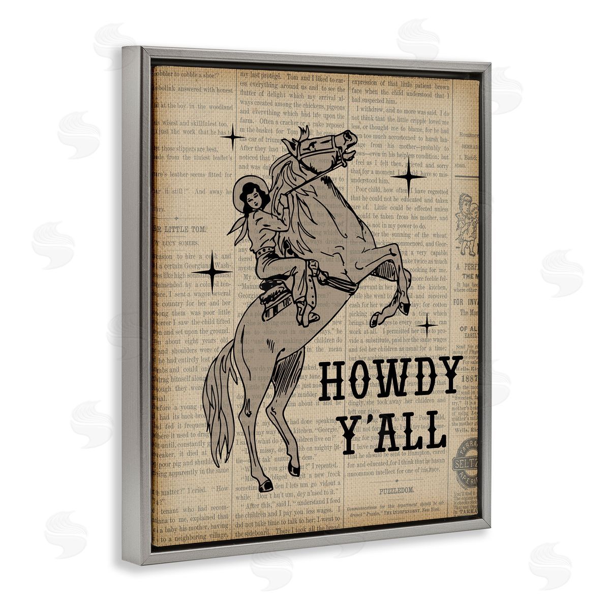 Daniela Santiago Howdy Y'all Vintage Newspaper Gray Floating Frame Canvas Wall Art Print