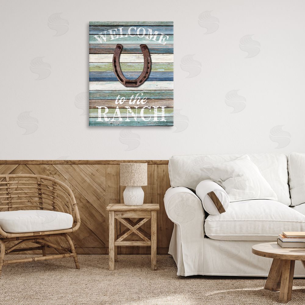 Susan Arnot Welcome Ranch with Horseshoe Canvas Wall Art Print in Room