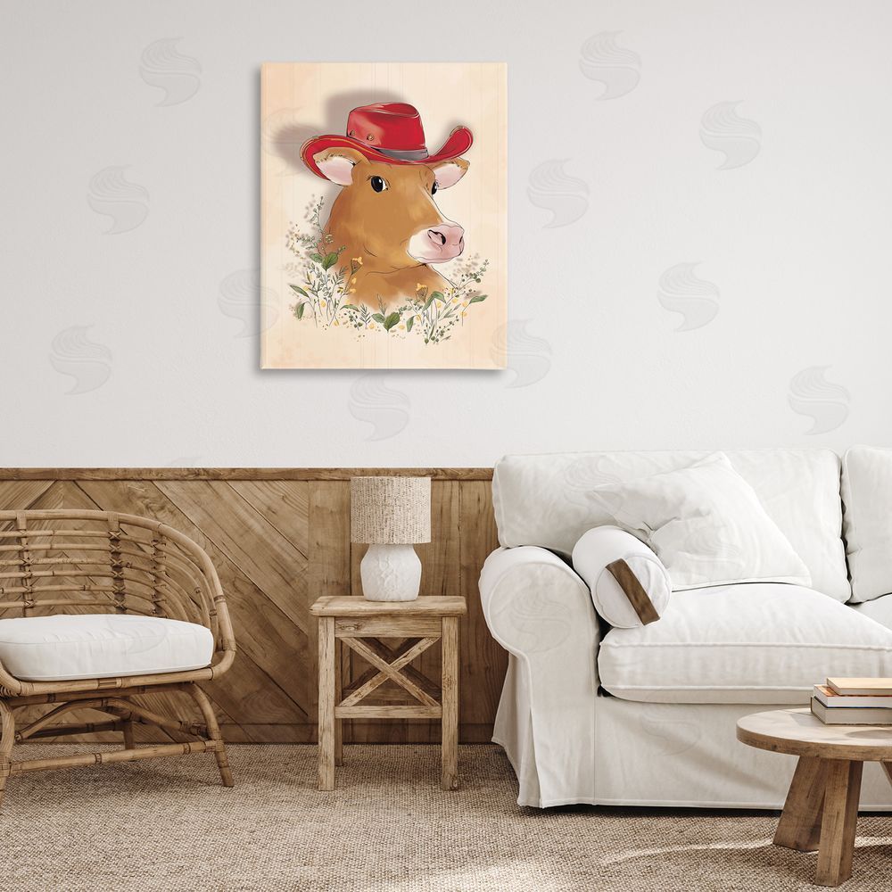 Andrea Jasid Grassi Cow with Red Cowboy Hat Canvas Wall Art Print in Room